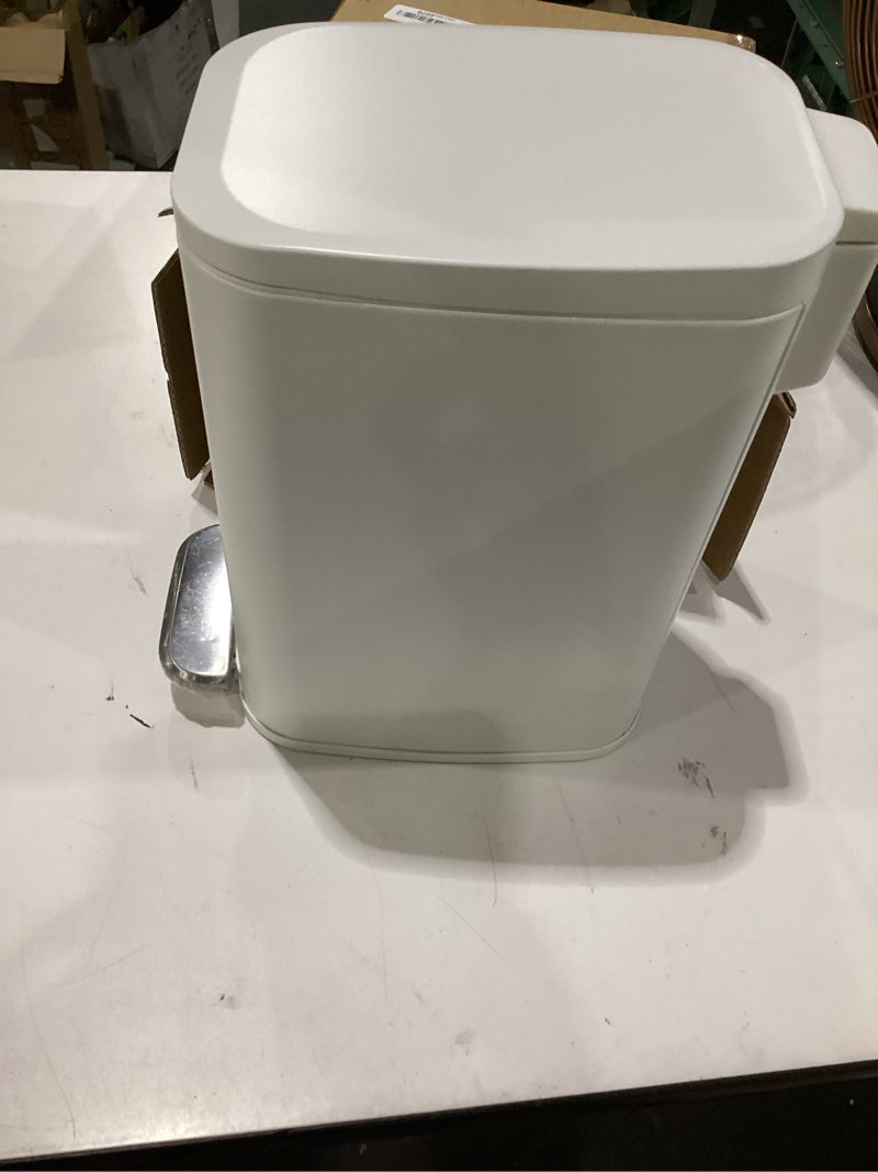 Condition photo showing As Is for cesun slim bathroom trash can with lid soft close, 6l/1.6 gallon stainless steel small garbage can with foot pedal and removable inner bucket, slim wastebasket for bathroom, office, toilet (white)
