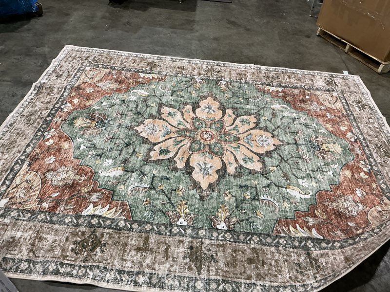Condition photo showing As Is for releany area rug 8x10 washable rugs for living room, non-slip floral vintage distress print pattern medallion carpet for bedrooms dining room, beige navy blue orange colorful