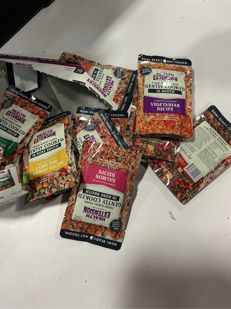 Condition photo showing Good Condition for Best by 07/23/2027 Health Extension Gently Cooked Grain-Free Variety Pack Dog Food, Human-Grade & Shelf-Stable with Superfoods, Supports Digestion, Immunity, Skin & Coat, 3 oz Pouch (Pack of 10) Variety Pack 3 oz (Pack of 10)