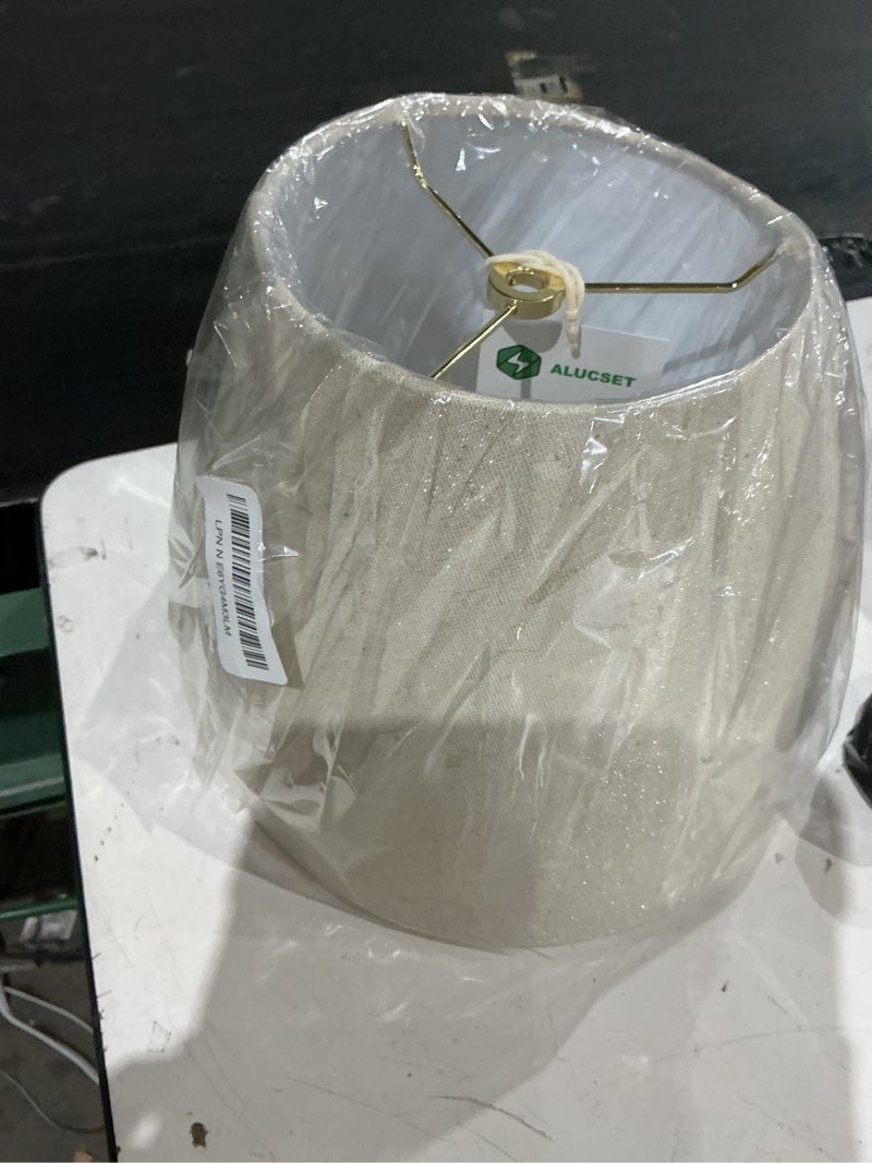Condition photo showing Good Condition for small lamp shade, alucset barrel fabric lampshade for table lamp and floor | 6x10x7.5'' inch, natural linen handcrafted, spider fitter beige white with silvery silk thread