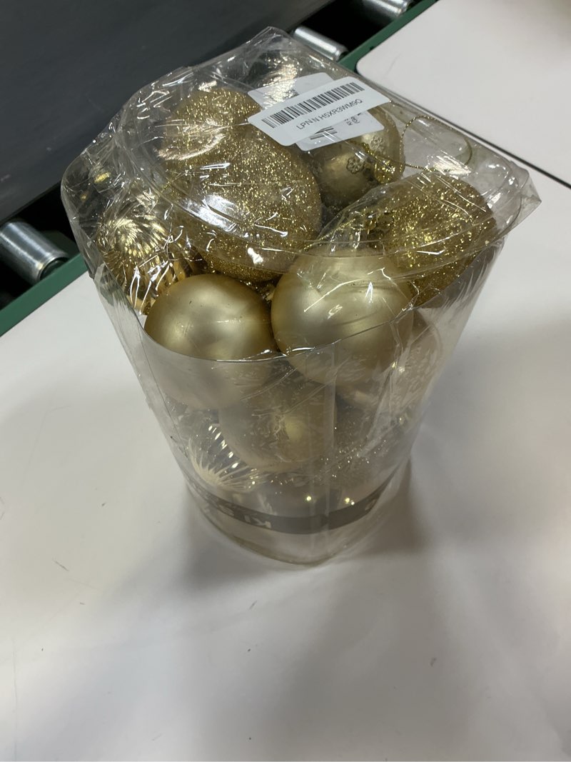 Condition photo showing As Is for KI Store Gold Christmas Balls 34pcs 2.36-Inch Christmas Tree Decoration Ornaments for Xmas Tree Holiday Wreath Garland Decor Ornaments Hooks Included Gold 2.36-Inch