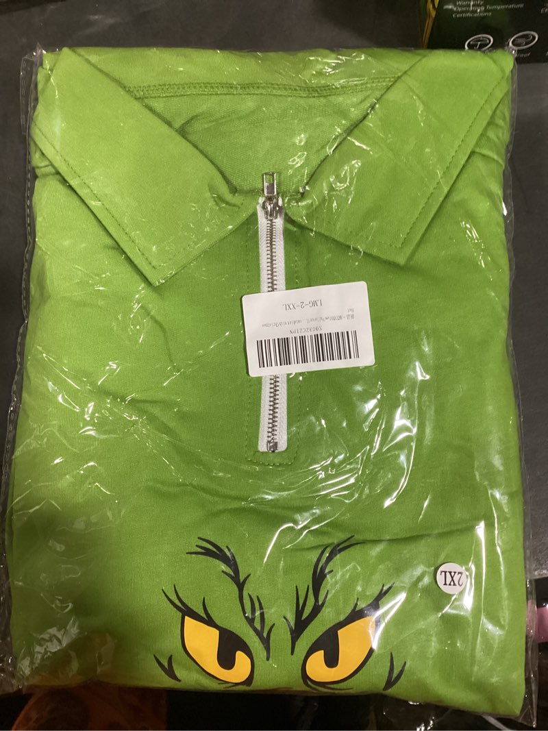 Condition photo showing New/Like New for New Pullover Ugly Christmas Sweaters Cartoon Character Green Monster Print Unisex Sweatshirt with Christmas Hat XX-Large B