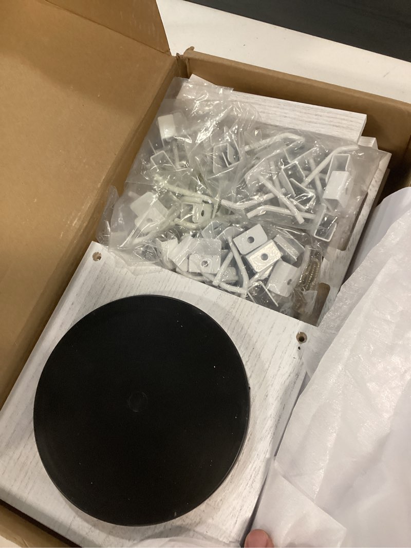 Condition photo showing As Is for rotating jewelry stand-48 removable hooks & ad board for vendor(white) | this wooden, rotating display stand .ideal for earrings, necklaces, bracelets, and keychains. for vendors at selling events.