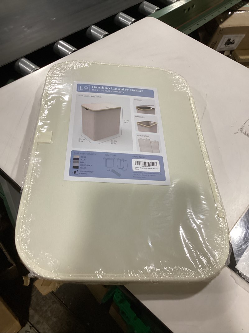 Condition photo showing Good Condition for lonbet laundry basket with lid, made from breathable fabric | aesthetic clothes hampers for laundry with side handles & sturdy bamboo frame (40 gallons - double, beige) beige 40 gallons - double