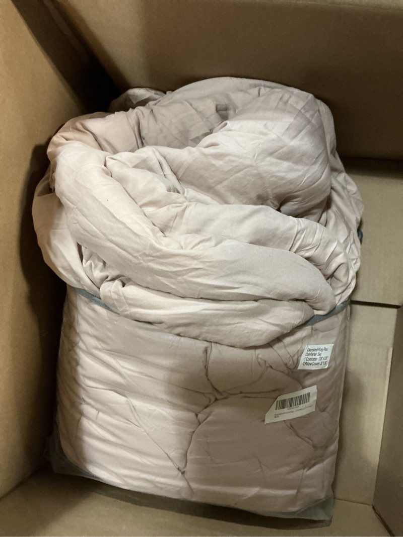 Condition photo showing As Is for masaca ruffled oversized king comforter 128x120,vintage farmhouse shabby boho chic bedding set 3 pieces taupe lightweight french country bedding (1 ruffle comforter +2 pillowcases) oversized king plus 128×120 taupe