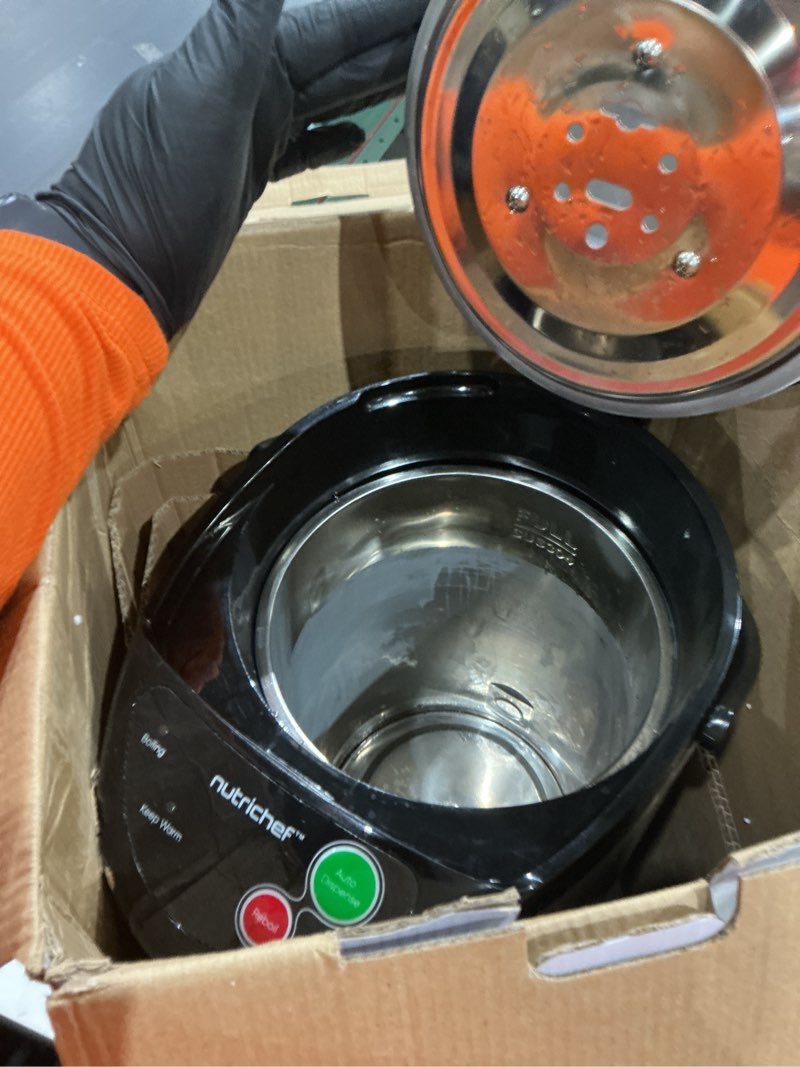 Condition photo showing As Is for nutrichef 5.2 qt electric water kettle, portable, quick heating, 5 liter digital kettle with 5 temperature settings, safety lock, stainless steel, 3 dispensing options, 8.46" x 11.2" x 16.5" 5.3 quarts
