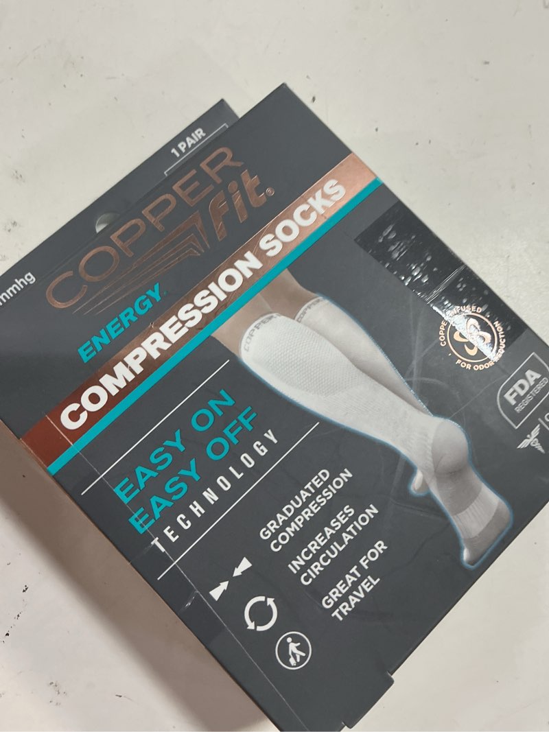 Condition photo showing New/Like New for copper fit® energy compression socks | easy on/off | for men & women | white l/xl