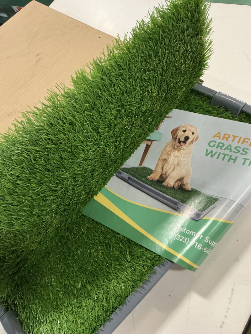 Condition photo showing Good Condition for Dog Grass Pad with Tray: 2 Pack Grass Pee Pads for Dogs Potty for Puppy Training, 22"x18" Artificial Turf for Dogs with Collection Tray for Indoor /Outdoor /Patio /Balcony, Grey Grey Tray 2 Pads + 22"x18" Grey Tray