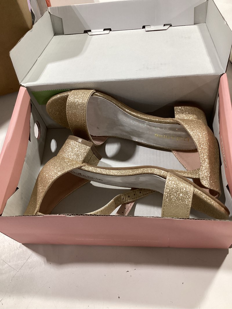 Condition photo showing Good Condition for dufannie girls sandals low heels dress pump ankle strap open toe flower girl wedding party for toddler little big kid 1 big kid single shimmer gold