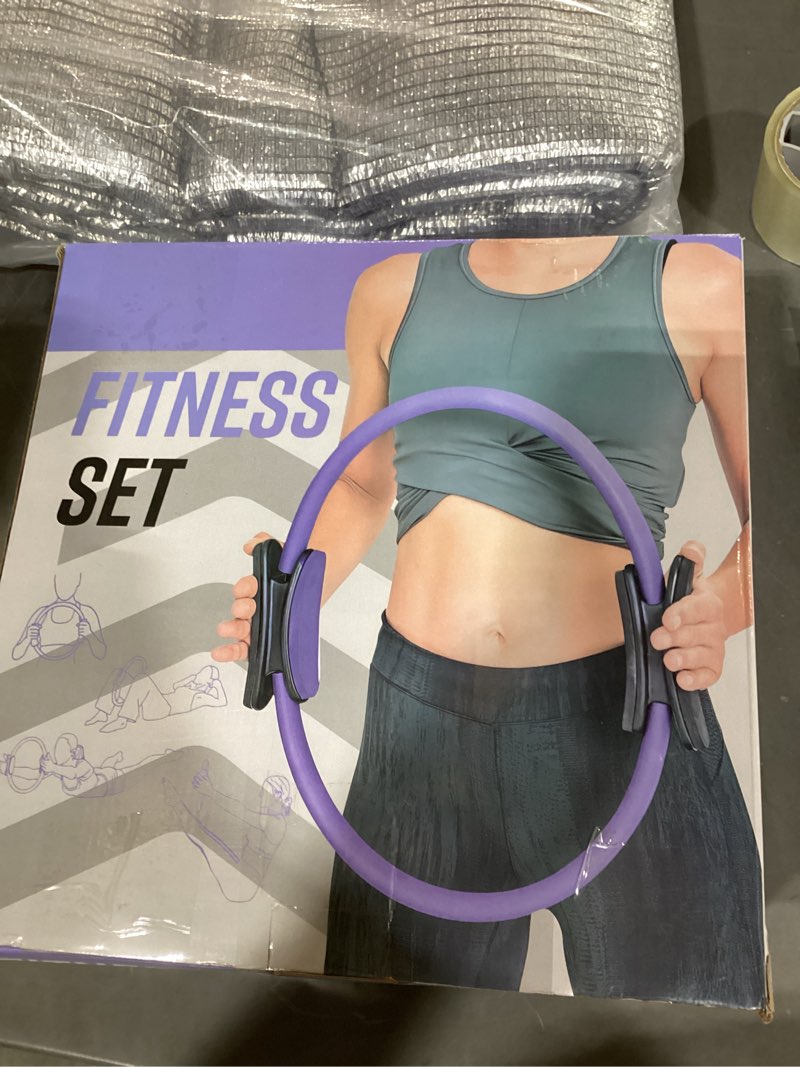 Condition photo showing New/Like New for home workout pilates kit for women, better me pilates ring and ball set essentials equipment, with 5 resistance bands, massager roller, yoga starter accessories for toning arms, thighs & core pink -14 pcs