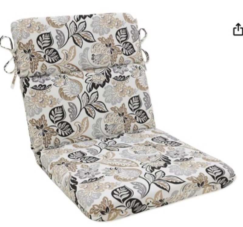 pillow perfect floral indoor/outdoor  2 piece split back round corner chair seat cushion with ties, deep seat, weather, and fade resistant, 40.5\" x 21\", black/tan dailey, 1 count