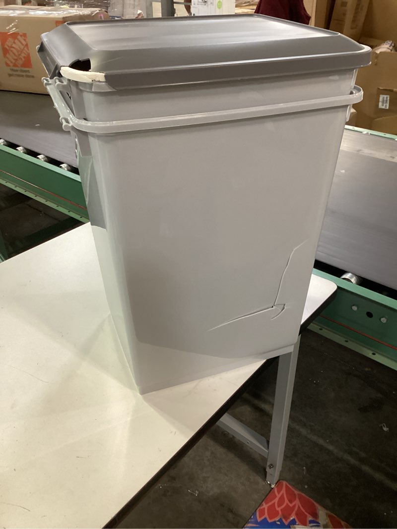 Condition photo showing As Is for IRIS USA Dog Food Storage Container 54 lbs, 2-Pack with Wheels, Airtight Lid, 2-Cup Scoop, Double Pet Food Storage, Built in Scoop Storage in Lid, Versatile Pet Food Bin, Portable, Gray/Dark Gray 54 lbs - 2 Pack Gray/Dark Gray