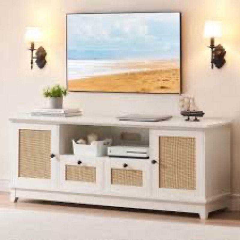 Garvee Modern Rattan TV Stand for 65+ Inch TV, MDF Wood, Adjustable Shelves, Cable Management, 2 Drawers, Living Room