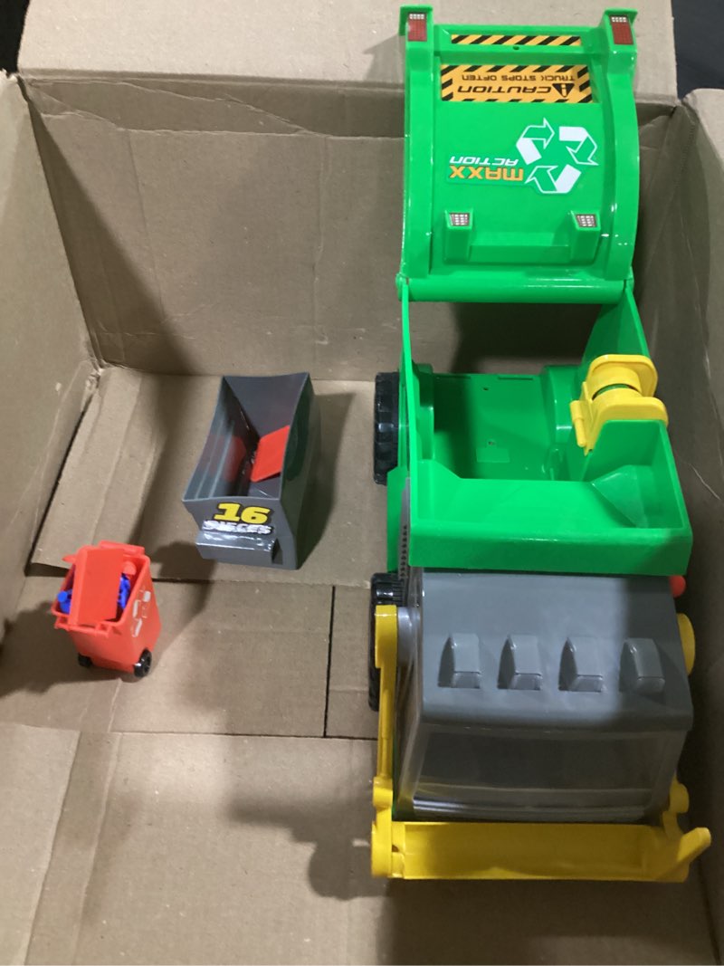 Condition photo showing As Is for maxx action large motorized 19" maxx action garbage truck toy set with lights and sound includes dumpster, trash bin and miniature trash pieces for kids