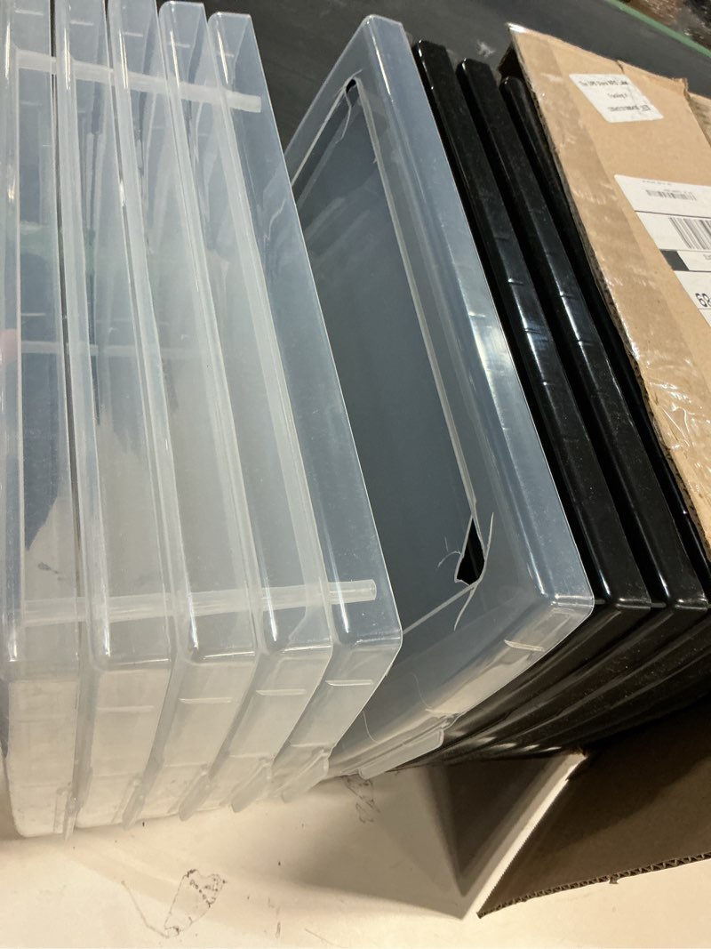 Condition photo showing As Is for Storex 4 Gallon Storage Bin with Lid – Plastic Classroom Organizer for Books and Supplies, Black, 6-Pack (61427U06C),Exterior Measures 13-5/8 x 11-1/4 x 7-7/8 inches 4 Gallon with Lid 6-Pack Black