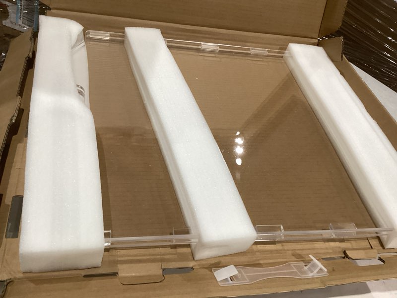 Condition photo showing New/Like New for clear acrylic freestanding dog gates for the house – folding 3-panel pet gates for doorways, indoor stairs, and hallways, transparent barrier for dogs, puppies, and cats 3 panel - 60''w x 24''h