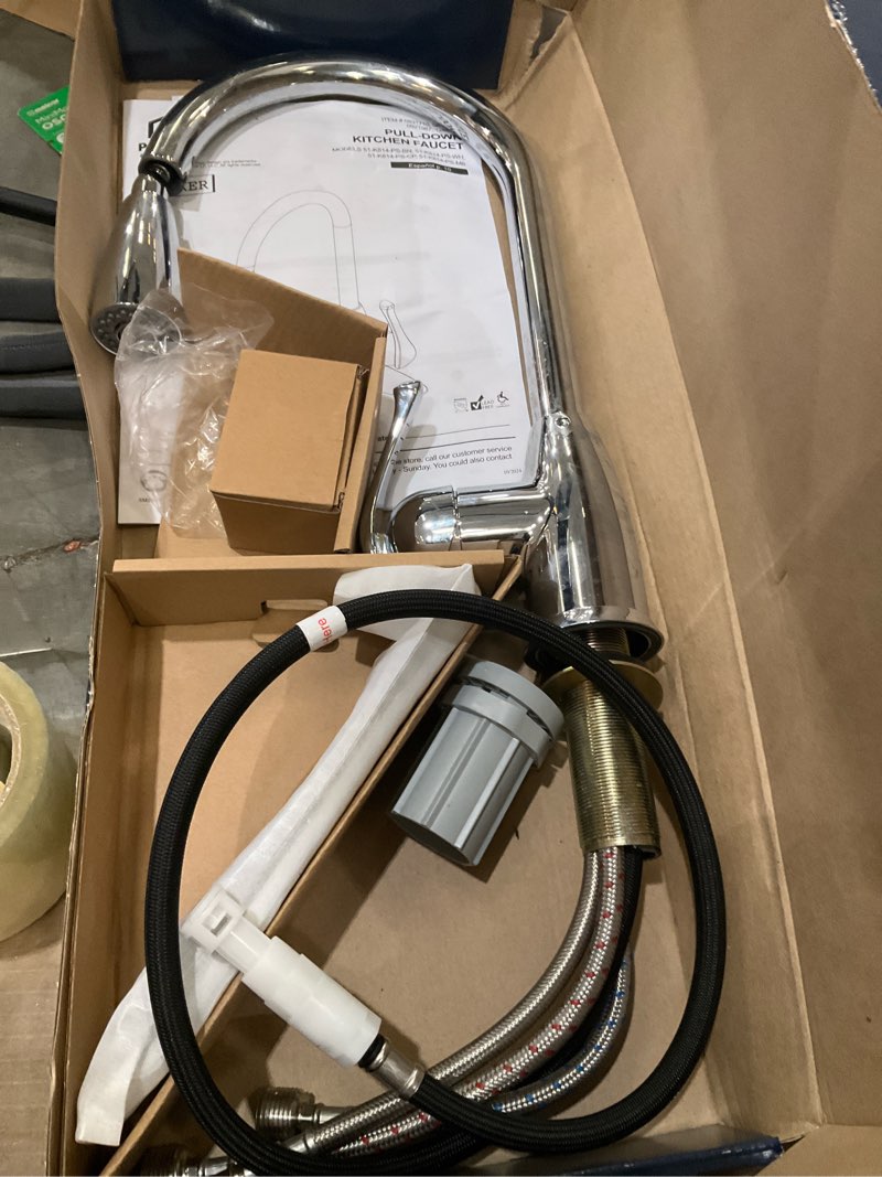 Condition photo showing As Is for project source tucker chrome single handle deck-mount pull-down kitchen faucet with sprayer 