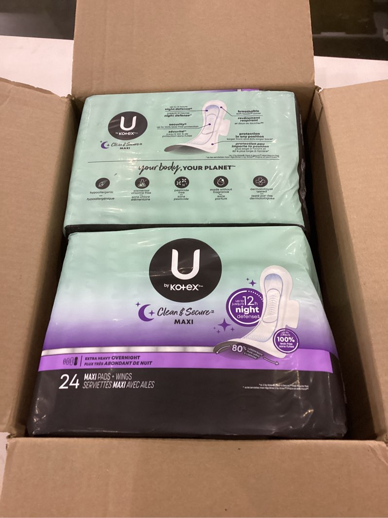 Condition photo showing New/Like New for U by Kotex Clean & Secure Overnight Maxi Pads with Wings, Extra Heavy Absorbency, 48 Count (2 Packs of 24) (Packaging May Vary) Extra Heavy Absorbency 48