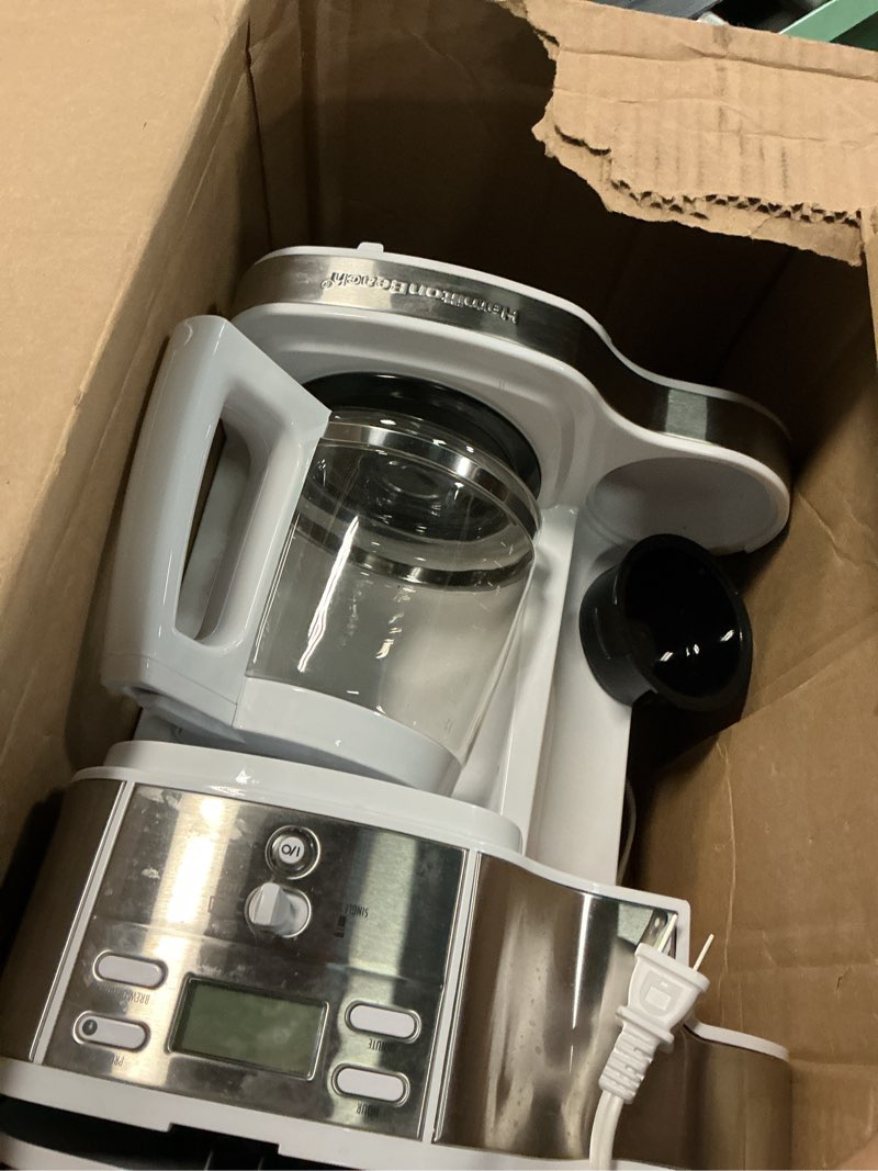 Condition photo showing As Is for Hamilton Beach 2-Way Programmable Coffee Maker, 12 Cup Glass Carafe And Single Serve Coffee Maker, White with Stainless Steel Accents, 49933 12 Cup White
