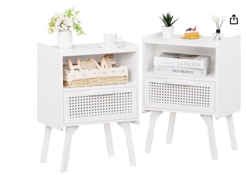 lerliuo rattan nightstands set of 2, side table with drawer, cane accent bedside end table with solid wood legs, mid century modern night stand for bedroom, dorm and small spaces (white ) white 2 pack