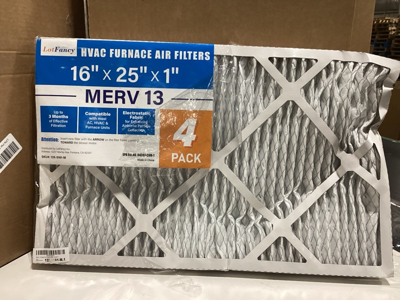 Condition photo showing As Is for LotFancy 16x25x1 Air Filter MERV 13 4-Pack, Electrostatic Pleated HVAC Furnace Air Filter, Captures Pet Dander Smog Smoke, Actual Size: 15.75"x24.75"x0.75" 16x25x1 MERV 13-4 pcs