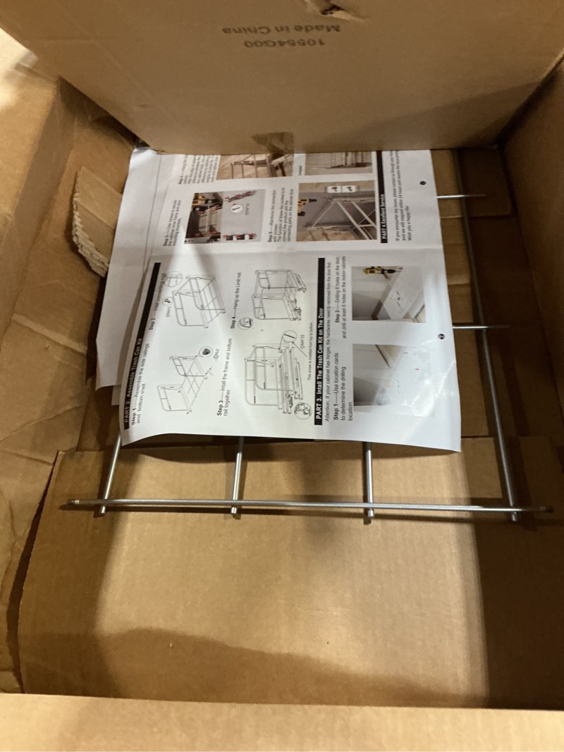 Condition photo showing As Is for 2-40 qt pull out trash can under cabinet with soft-close slides,door mounting under sink garbage can slide out kit for kitchen, garbage can not included, requires minimum cabinets opening 17"w x 25"d double-14" w x 22" d silvery