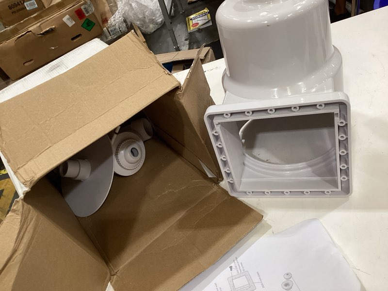Condition photo showing As Is for above ground pool skimmer kit,thru-wall skimmer with accessories,heavy duty wallmount pool skimmer for standard pool wall openings,for filter leaves, hair ect.(white)