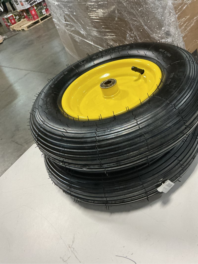 Condition photo showing As Is for gicool 4.80/4.00-8 wheelbarrow tire and wheel, 16" rubber pneumatic wheel, 3"- 6" centered hub, 5/8" & 3/4" bearings, for hand truck, trolley, garden cart, wagons, 2 pack (explorer series)