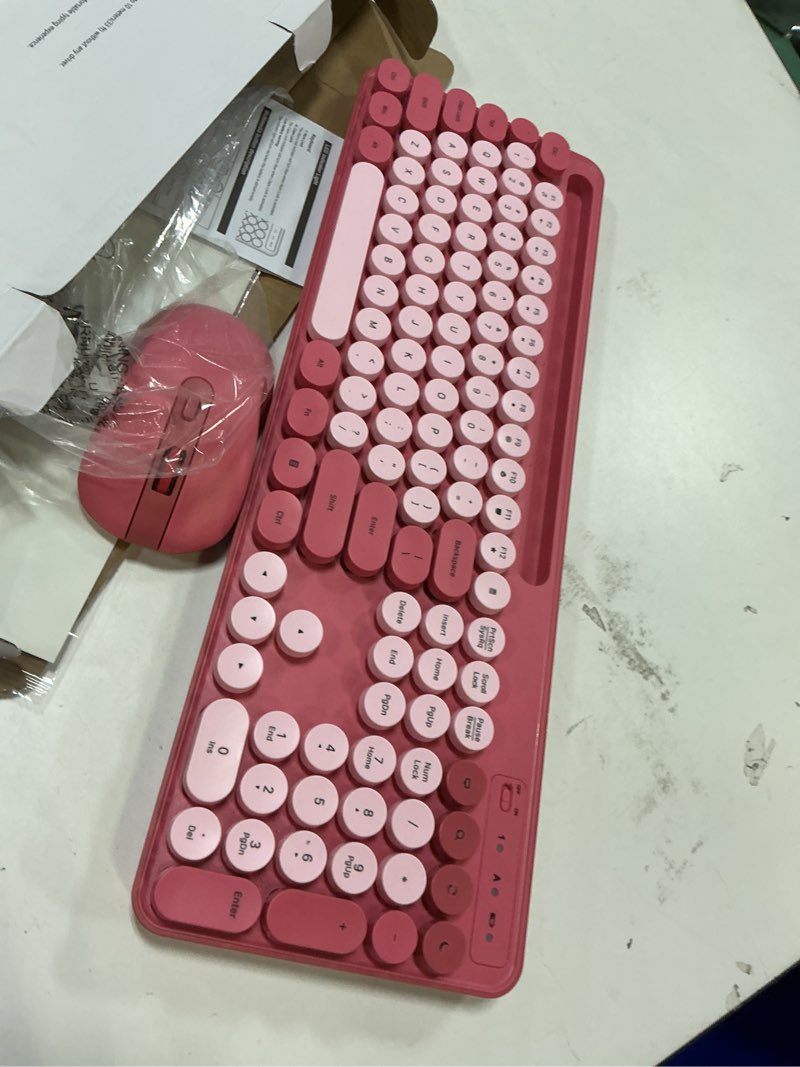 Condition photo showing Good Condition for Wireless Keyboard and Mouse Combo, Retro Round Keycaps, Full-Size Cute Typewriter Keyboard with Large Phone/Tablet Holder, Auto-Sleep, 2.4GHz Cordless Connection for Windows/PC/Laptop Camellia Rose