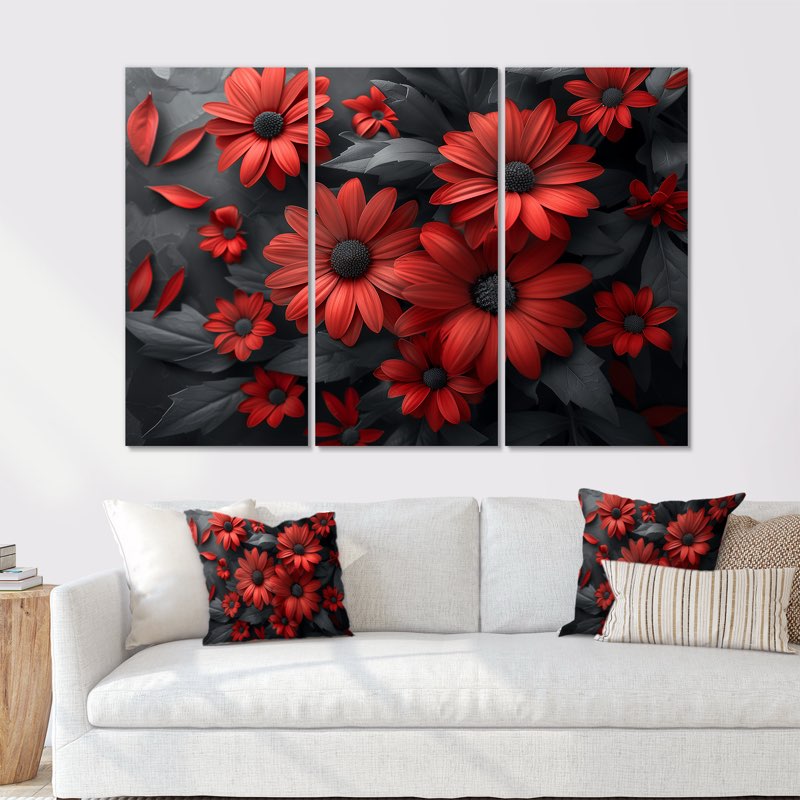 lochrome Red And Black Daisies Photo Ill - Daisies Wall Ari Set ,12 X 28”