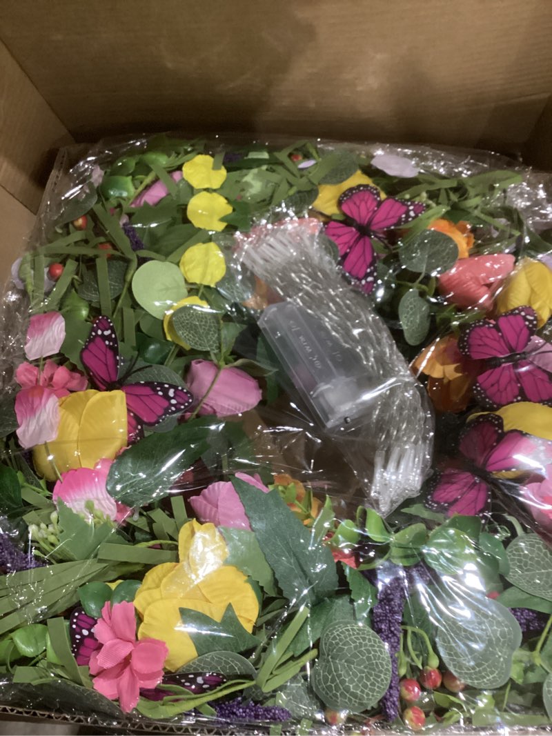Condition photo showing Good Condition for 24 inch spring wreath for front door with led light, artificial tulip wreath with butterfly lavender berries and eucalyptus leaves, artificial floral wreath for farmhouse holiday easter home decor