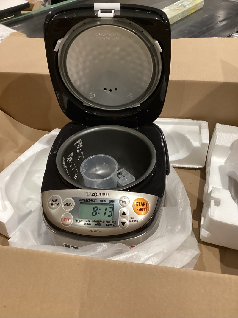 Condition photo showing As Is for zojirushi micom 3-cup compact size, multiple settings, stainless steel made, built-in retractable power cord and easy to transport rice cooker and warmer stainless black 3-cups (uncooked), rice cooker & warmer