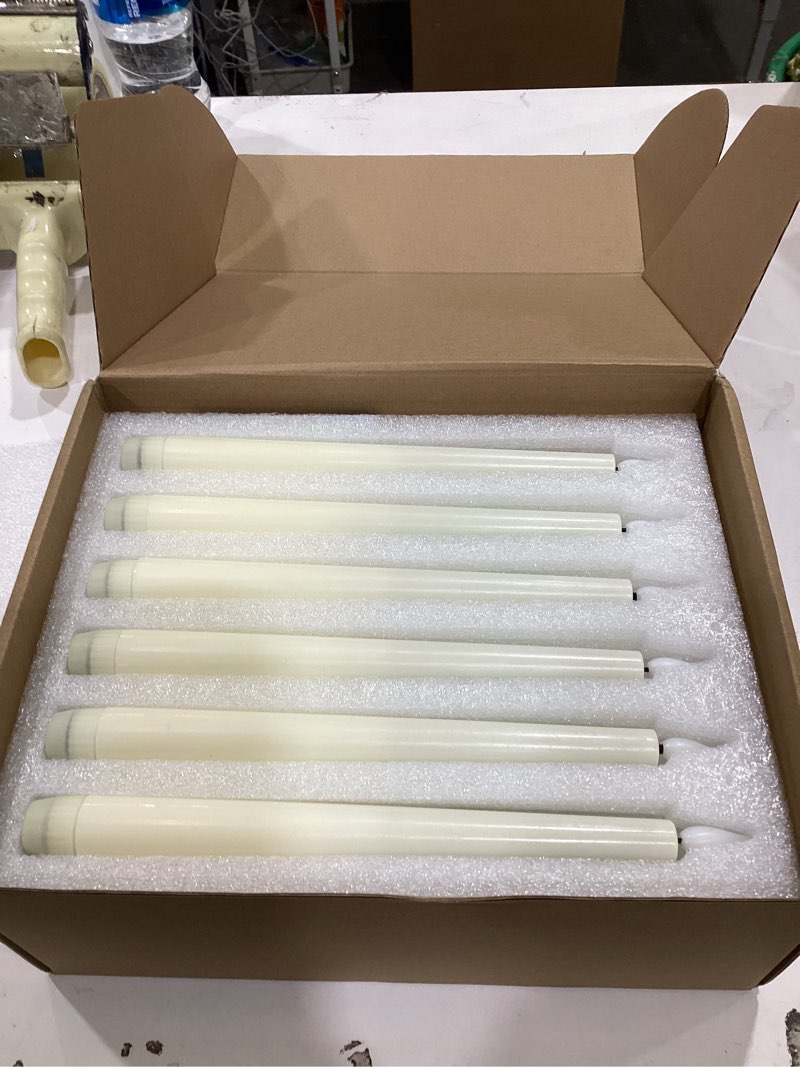Condition photo showing New/Like New for homemory 6 pack flameless taper candles, no remote, realistic flickering battery operated candlesticks, ivory led plastic candle safe for weddings, table decor, christmas, and halloween ivory 6