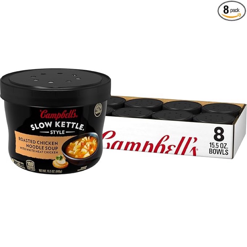 (BEST BY 13 NOV 25) Campbell's Slow Kettle Style Roasted Chicken Noodle Soup with White Meat Chicken, 15.5 oz. Tub (Pack of 8)