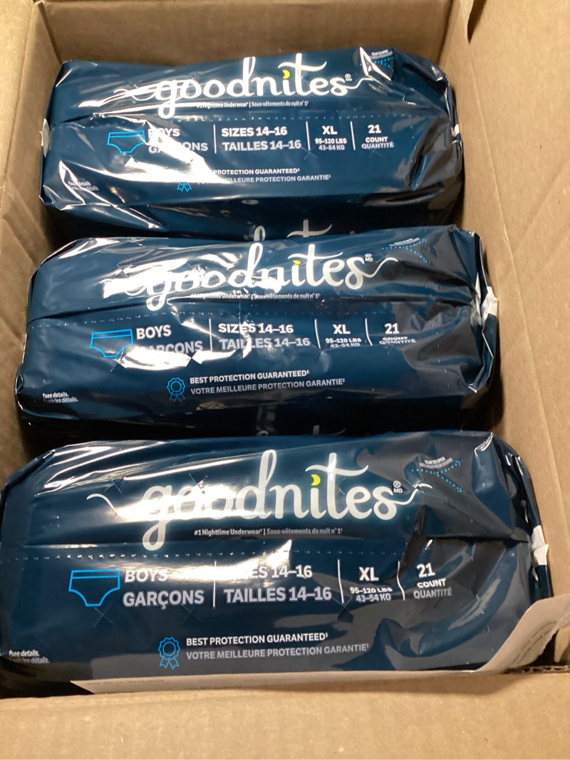 Condition photo showing New/Like New for Goodnites Boys' Nighttime Bedwetting Underwear, Size Extra Large (95-120 lbs), 63 Ct (3 Packs of 21), Packaging May Vary X-Large 63