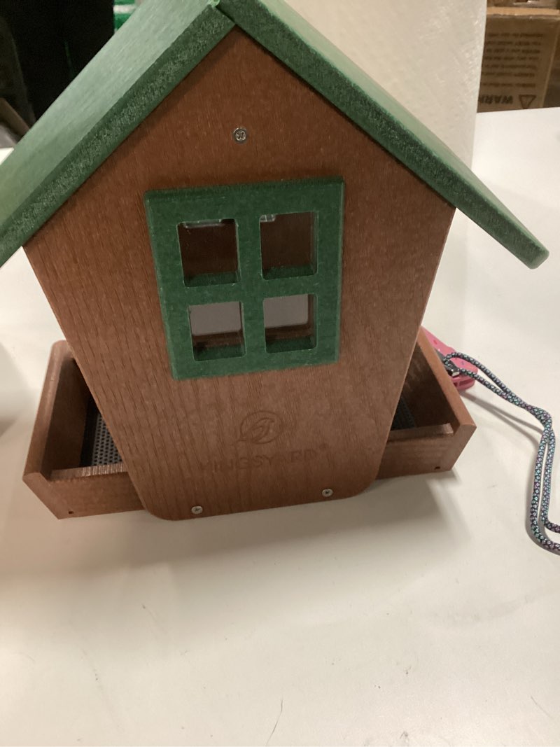 Condition photo showing New/Like New for Kingsyard 4 lbs Large Bird Feeder House for Outdoors Hanging, Recycled Plastic Bird Feeder Hopper with Weatherproof Roof & Capacity Tray for Cardinal Bluebird, Garden Yard Outside Decor, Green