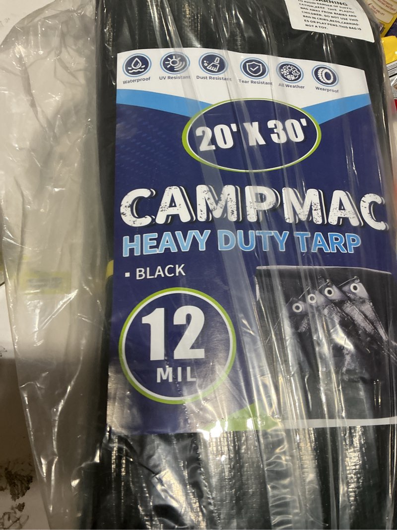 Condition photo showing Good Condition for (Similar to) Black Tarps Heavy Duty Waterproof 16x30, 12 Mil Thick, High Durability, Rip and Tear Resistant with Metal Grommets Every 20 Inches Black 16 Ft x 30 Ft