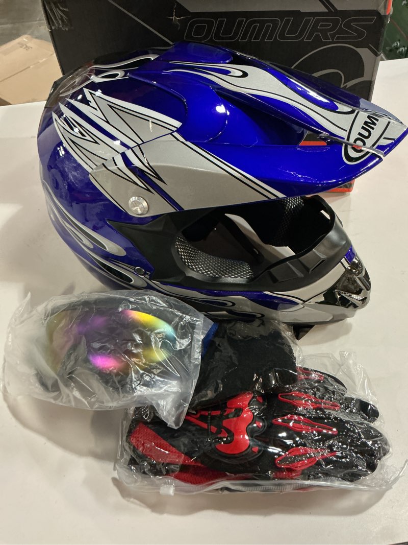 Condition photo showing As Is for Adult Motocross Dirt Bike Helmet with Goggle, Gloves & Mask - DOT/FMVSS-218 Off-Road Motorcycle & ATV Helmet with Adjustable Sun Visor New Blue Flame Medium