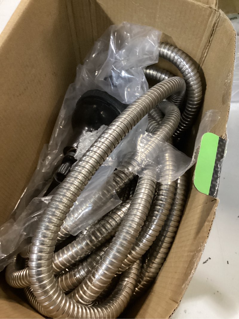 Condition photo showing As Is for garden hose 100ft, heavy duty stainless steel water hose with 10 functional nozzles, no kink, lightweight and flexible, easy to use and store, strong and sturdy, suitable for yard and lawn