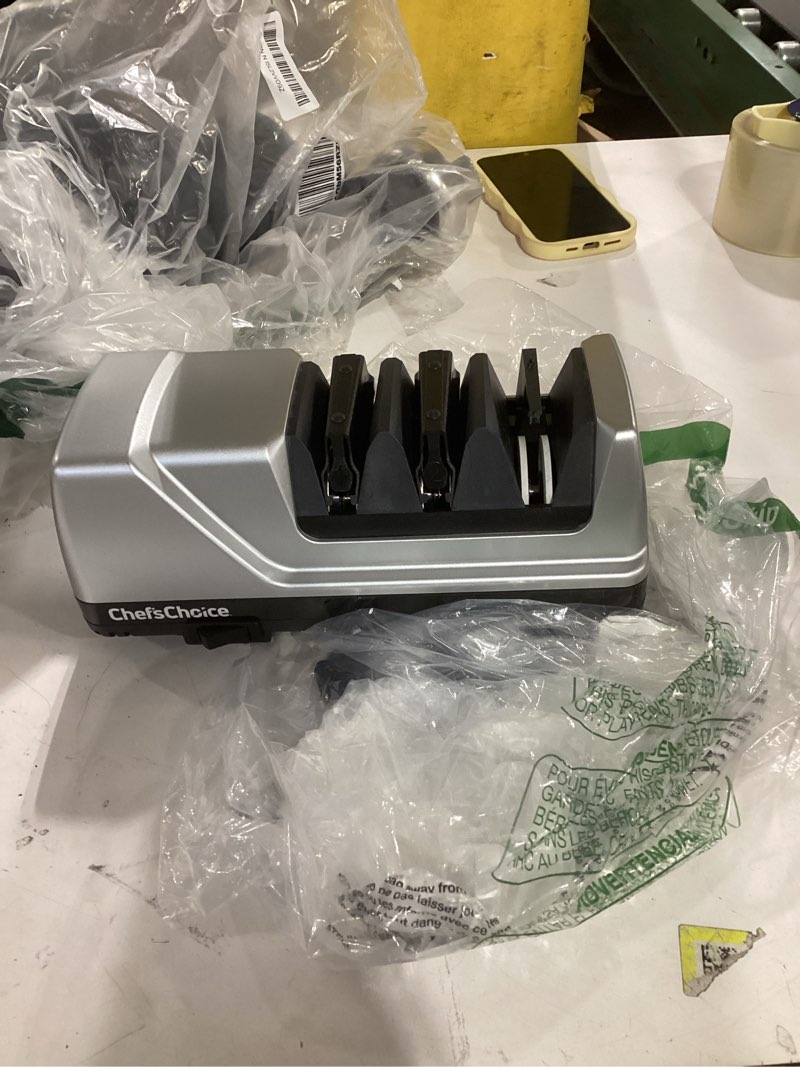 Condition photo showing As Is for Chef’sChoice 15XV EdgeSelect Professional Electric Knife Sharpener with 100-Percent Diamond Abrasives and Precision Angle Guides for Straight Edge and Serrated Knives, 3-Stage, Gray