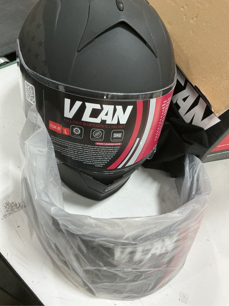 Condition photo showing Good Condition for (size:l)vcan bluetooth integrated full face motorcycle helmet with dual visor flat black flag large