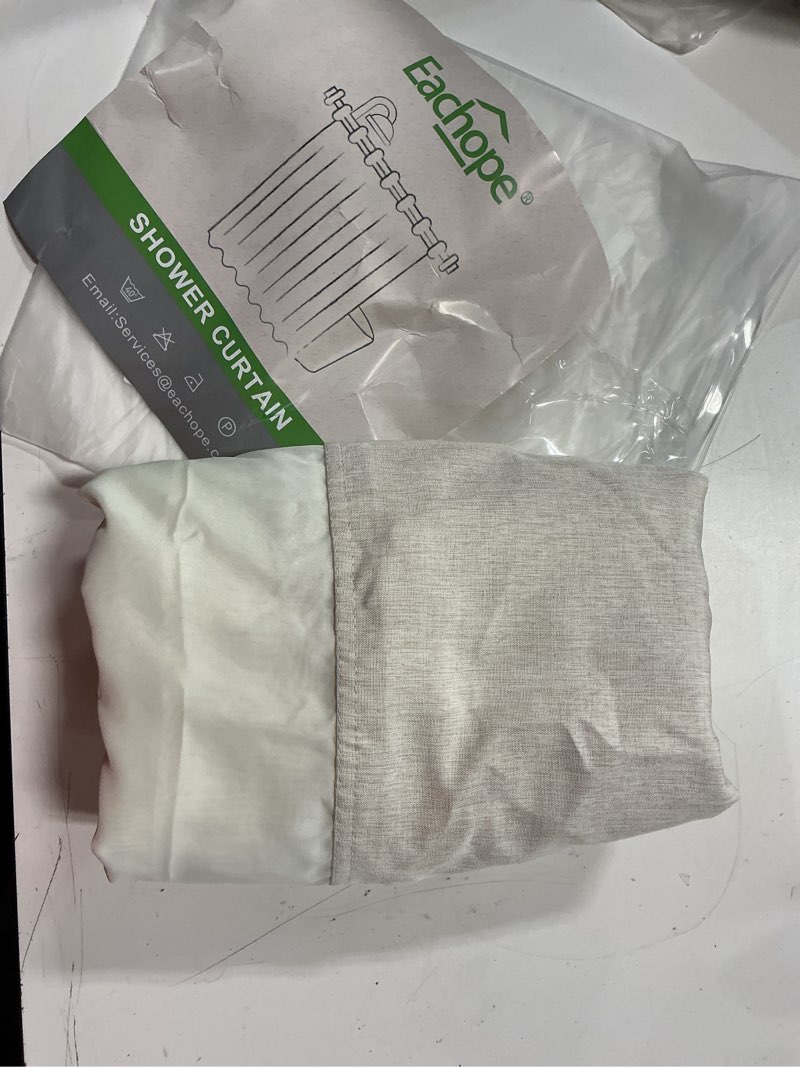 Condition photo showing Good Condition for eachope no hooks polyester textured shower curtain with snap-in fabric liner set, hotel luxury decor shower curtains for bathroom with see through top window, waterproof & washable, 71wx74h, cream 71"w x 74"l (pack of 1) cream