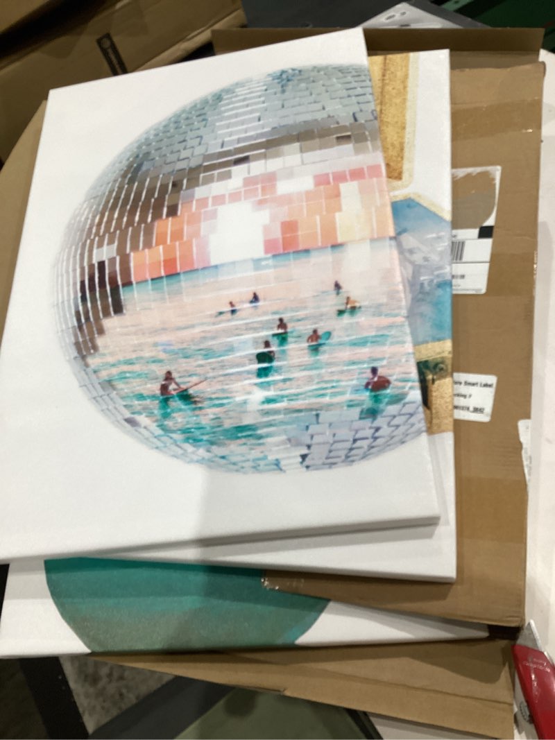 Condition photo showing Good Condition for 3pcs trendy blue coastal canvas wall art retro disco ball aesthetic painting preppy bar cart wall decor surf dj aesthetic poster prints for girls' bedroom dorm y2k youth room decoration (12x16in canvas)