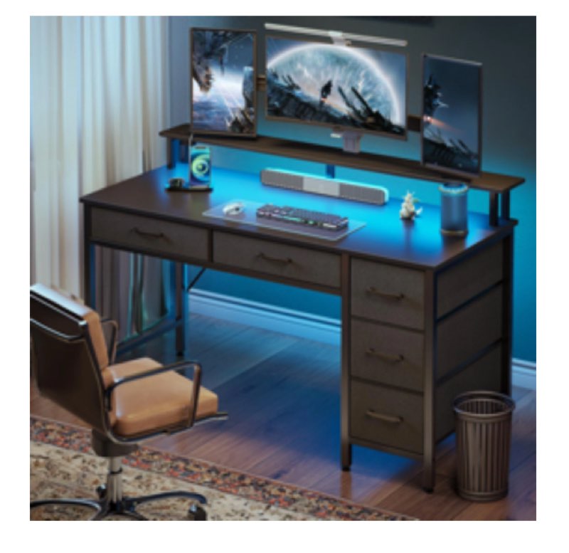 Linze Computer Desk w/ Monitor Shelf, RGB LED Lights, USB Ports & Drawers
