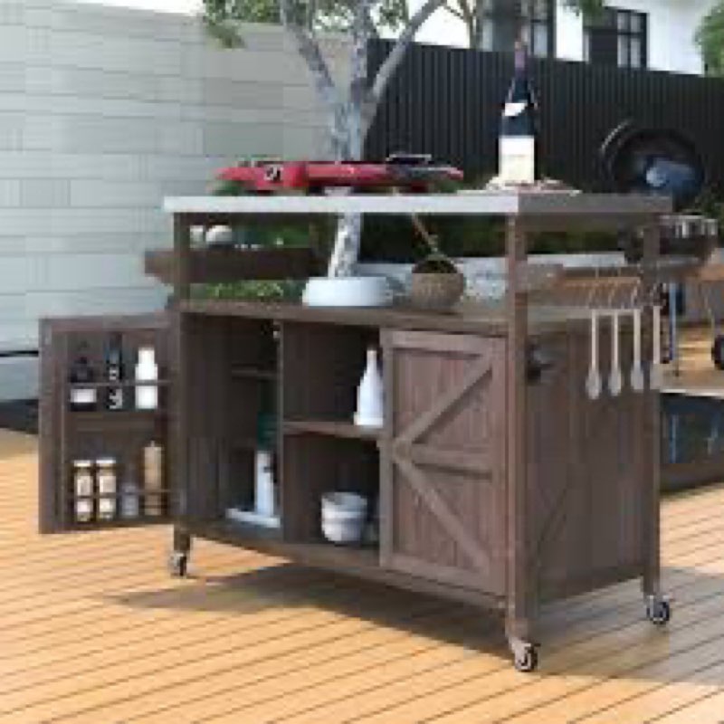 (Incomplete 1 of 1 )Solid Wood Outdoor Kitchen Island Grill Cart With Stainless Steel Top, Movable Patio Bar Cart With Storage Cabinet, Spice Rack, And Towel Holder