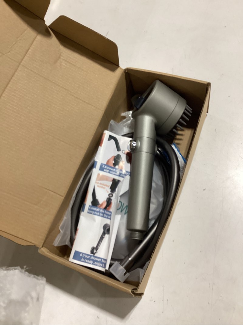 Condition photo showing As Is for shower head with handheld, shower heads high pressure, high flow even with low water pressure-hand held showerhead set,3 modes filtered showerhead with 59?replacement hose/bracket/cotton filters gray