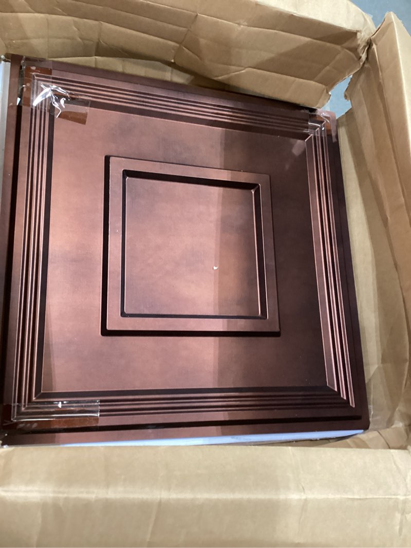 Condition photo showing As Is for stickgoo glue up ceiling tiles, 24x24 inch pvc decorative drop ceiling tile antique copper 48 sq. ft, pack of 12 tiles 24"x24" antique copper