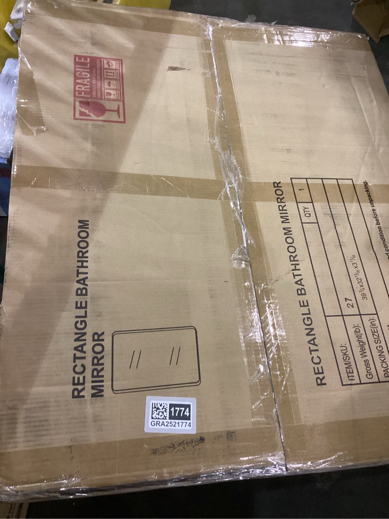 Condition photo showing New/Like New for 30x36 Inch Gold Bathroom Mirror, Brushed Metal Framed Rectangle Mirror with Rounded Corner, Gold Bathroom Vanity Mirror for Bedroom or Living Room, Horizontal/Vertical 30"L x 36"W Gold