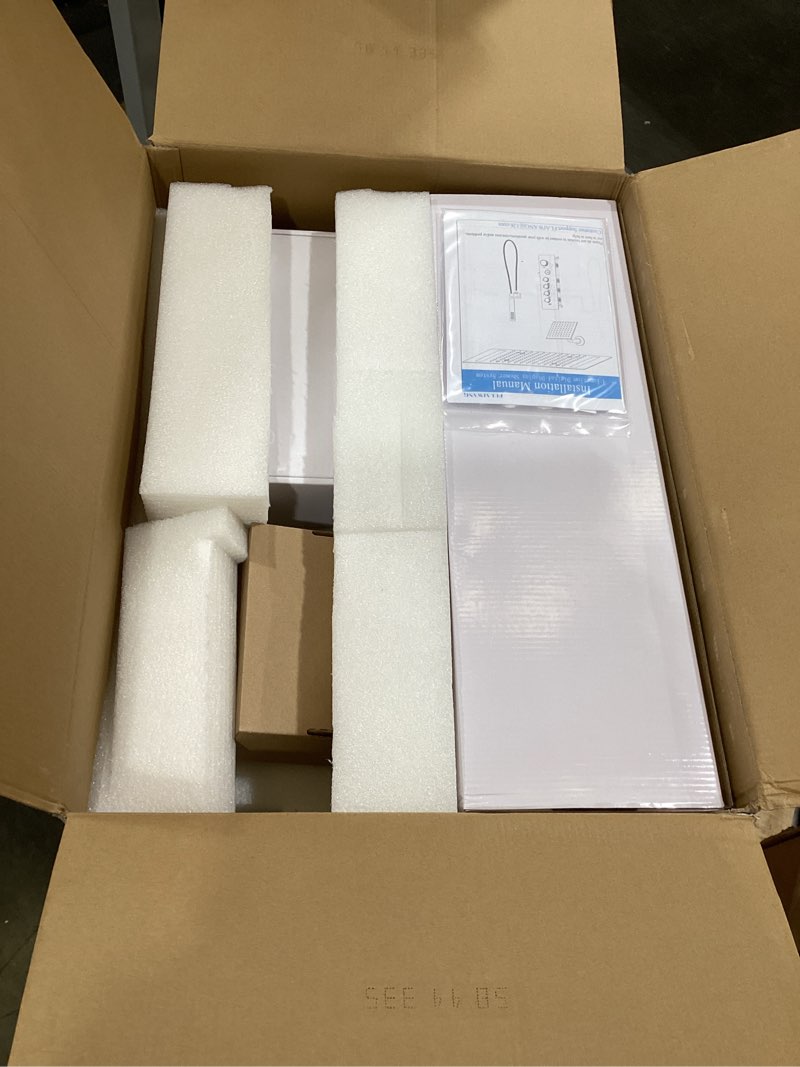 Condition photo showing As Is for luxury 20x14in led rainfall mist dual shower system can run togther | brushed gold 4-way thermostatic digital display brass valve, ceiling flush showerhead and 6in tilt shower, brass handheld 14x20" (2 modes) + 6" brushed gold