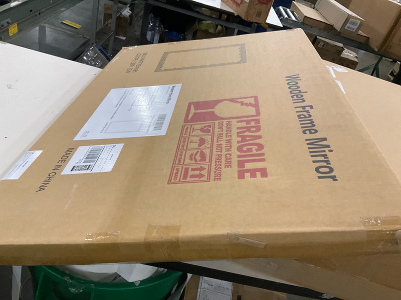 Condition photo showing Good Condition for Boho Wall Mirror with Wood Frame, 30"x20" Faux Rattan Decorative Vanity Mirror for Bathroom, Living Room, Bedroom, Entryway(Rectangle) Natural 30"L x 20"W